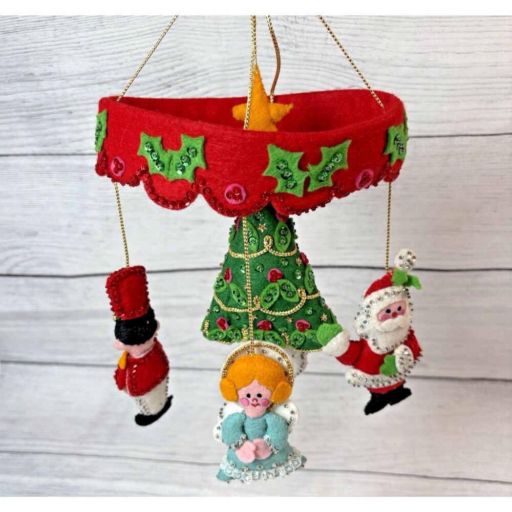 Vintage Bucilla Christmas Felt Mobile Santa Angel Snowman Sequins Handmade 3416